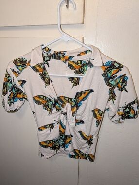 Free People Cream Butterfly Print Tie-Front Top with Turquoise & Mustard Accents
